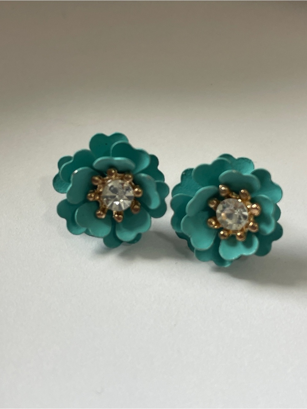 Teal Floral Crystal Center Stud Earrings - Unbranded